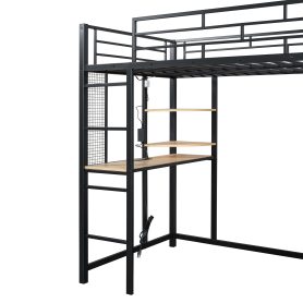 Twin Size Loft Metal Bed with Desk,Shelves,Power Outlet,LED Light and Wardrobe
