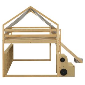 Full Size Wooden Loft Bed House-Shaped Frame With A Tent
