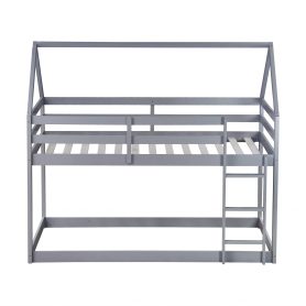 House-Shaped Twin over Twin Rubber Wood Floor Bunk Bed with ladder and Guardrails