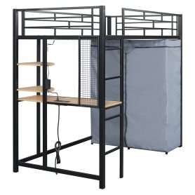 Twin Size Loft Metal Bed with Desk,Shelves,Power Outlet,LED Light and Wardrobe