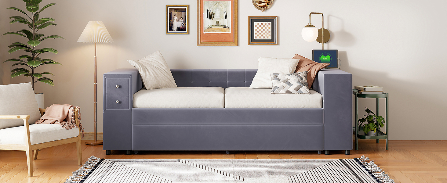 Twin Upholstered Bed with Storage and Twin Trundle, USB Charging Ports, French Velvet