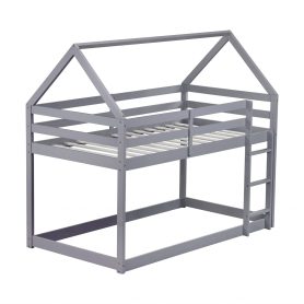 House-Shaped Twin over Twin Rubber Wood Floor Bunk Bed with ladder and Guardrails