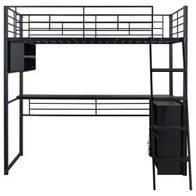 Twin Size Metal Loft Bed with LED, Desk and 4 Storage Shelves