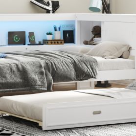 Full Size Wood Daybed with Storage Shelves, USB, LED, and Trundle