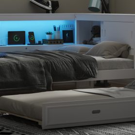 Full Size Wood Daybed with Storage Shelves, USB, LED, and Trundle