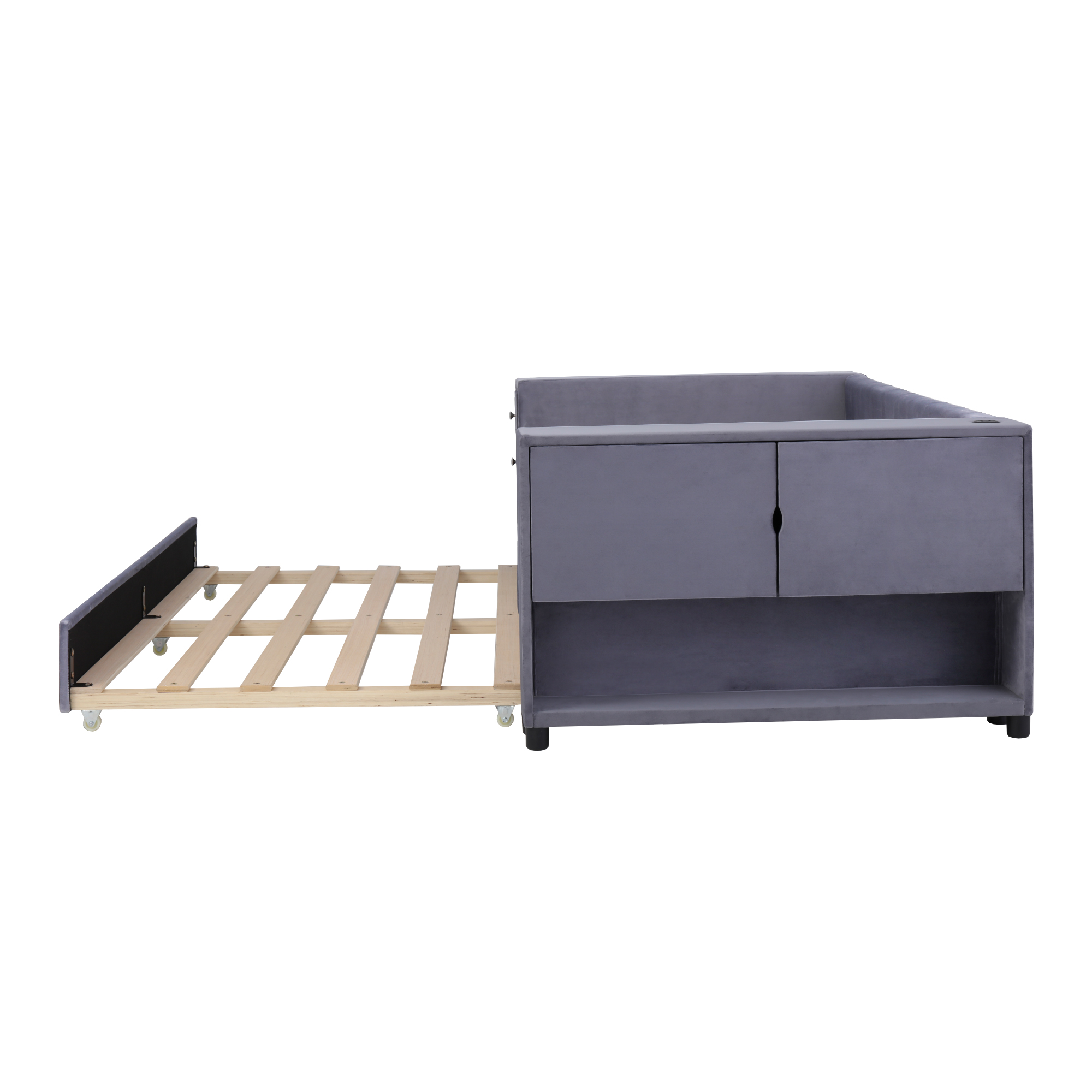 Twin Upholstered Bed with Storage and Twin Trundle, USB Charging Ports, French Velvet