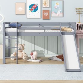 Rubber Wood Twin Low Loft Bed With Slide, Ladder and Safety Guardrails