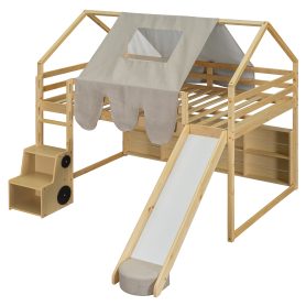 Full Size Wooden Loft Bed House-Shaped Frame With A Tent