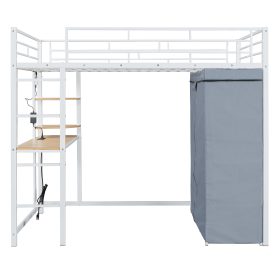 Full Size Loft Metal Bed with Desk, Shelves, Power Outlet, LED Light and Wardrobe
