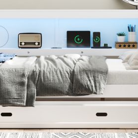 Full Size Wood Daybed with Storage Shelves, USB, LED, and Trundle