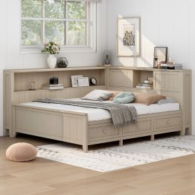 Full Size Wood Daybed with Storage Shelves and 3 Drawers