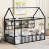 Twin Size Metal Bed House Bed Frame with Fence and Shelves