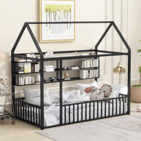 Twin Size Metal Bed House Bed Frame with Fence and Shelves