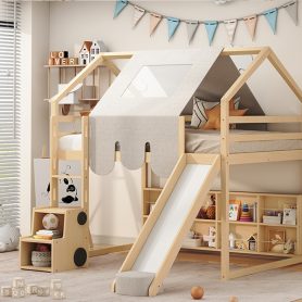 Full Size Wooden Loft Bed House-Shaped Frame With A Tent