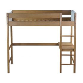 Rubber Wooden Twin Size Loft Bed With Desk, Ladder, Safety Guardrails, Teddy Fleece Fabric Headboard/Footboard