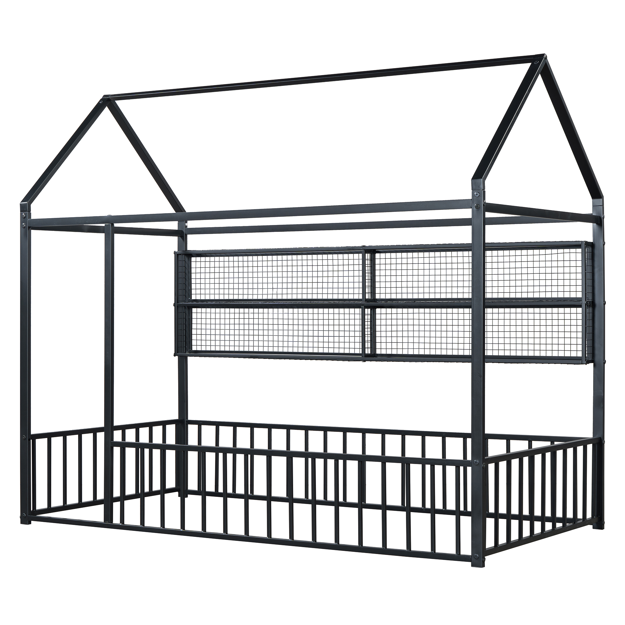 Twin Size Metal Bed House Bed Frame with Fence and Shelves 13 Twin Size Metal Bed House Bed Frame with Fence and Shelves