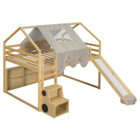 Full Size Wooden Loft Bed House-Shaped Frame With A Tent