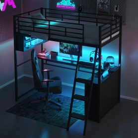 Twin Size Metal Loft Bed with LED, Desk and 4 Storage Shelves