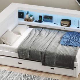 Full Size Wood Daybed with Storage Shelves, USB, LED, and Trundle