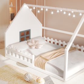 Full Size Wood House Bed with Window and Fence