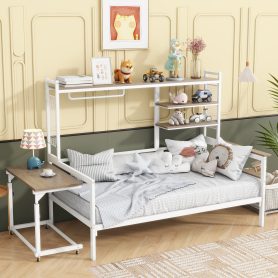 Twin Size Metal Daybed With Movable Desk, Metal Grid, Shelves And Clothes Hanger