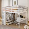 Wood Full Size Loft Bed with Built-in Wardrobe, Desk, Storage Shelves and Drawers