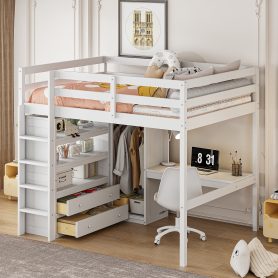Wood Full Size Loft Bed with Built-in Wardrobe, Desk, Storage Shelves and Drawers