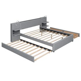 Queen Size Upholstered Platform Bed with Reading Lights, Drawers, Trundle and Shelves
