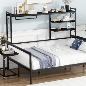 Full Size Metal Daybed With Movable Desk, Metal Grid, Shelves And Clothes Hanger