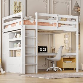 Wood Full Size Loft Bed with Built-in Wardrobe, Desk, Storage Shelves and Drawers