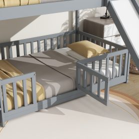 Twin Over Twin Floor Bunk Bed With Slide, Ladder, Door and Safety Guardrails