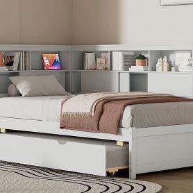 Twin Size Wood Daybed with Storage Shelves, USB and Trundle