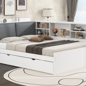 Wood Full Size Platform Bed with Trundle, Shelves and Storage Headboard