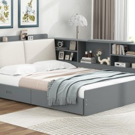Wood Full Size Platform Bed With Storage Headboard, Shelves And 2 Drawers