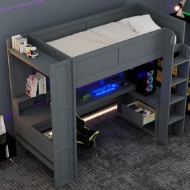 Wood Twin Size Gaming Loft Bed with Desk, Multi-storage Shelves, LED and Charging Station