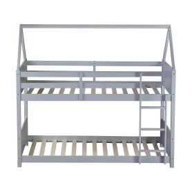 Twin Over Twin House Floor Bunk Bed with Headboards, Footboards and Guardrails 22 Rubber Wood Twin Over Twin House Floor Bunk Bed With Headboards, Footboards, Guardrails And Ladder
