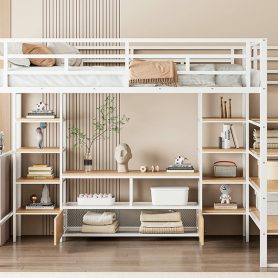 Full Size Metal Loft Bed with Staircase,Low Storage Table and Storage Shelves