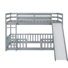 Twin Over Twin Floor Bunk Bed With Slide, Ladder, Door and Safety Guardrails
