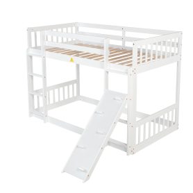 Twin Over Twin Floor Bunk Bed With Climbing Ramp, Ladder, Safety Guardrails