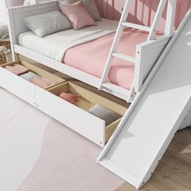Twin Over Full Bunk Bed With 2 Drawers, Slide, Shelves, and Ladder