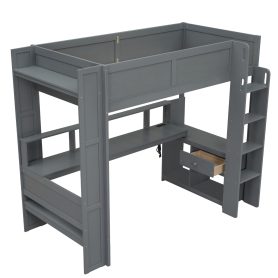 Wood Twin Size Gaming Loft Bed with Desk, Multi-storage Shelves, LED and Charging Station