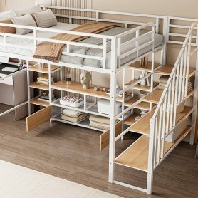 Full Size Metal Loft Bed with Staircase,Low Storage Table and Storage Shelves