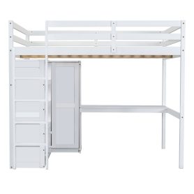 Wood Full Size Loft Bed with Built-in Wardrobe, Desk, Storage Shelves and Drawers