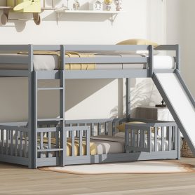 Twin Over Twin Floor Bunk Bed With Slide, Ladder, Door and Safety Guardrails