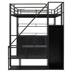 Full Size Metal Loft Bed with Storage Staircase and Wardrobe, Shelves and Lockers