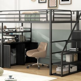 Full Size Metal Loft Bed with Storage Staircase and Wardrobe, Shelves and Lockers