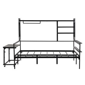 Full Size Metal Daybed With Movable Desk, Metal Grid, Shelves And Clothes Hanger