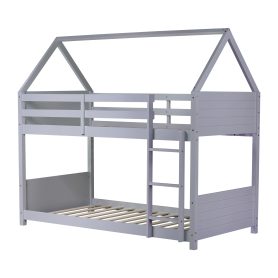 Twin Over Twin House Floor Bunk Bed with Headboards, Footboards and Guardrails 17 Rubber Wood Twin Over Twin House Floor Bunk Bed With Headboards, Footboards, Guardrails And Ladder