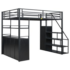 Full Size Metal Loft Bed with Storage Staircase and Wardrobe, Shelves and Lockers