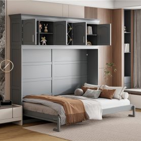 Queen Size Murphy Bed Wall Bed with Top Cabinets & Wine Rack